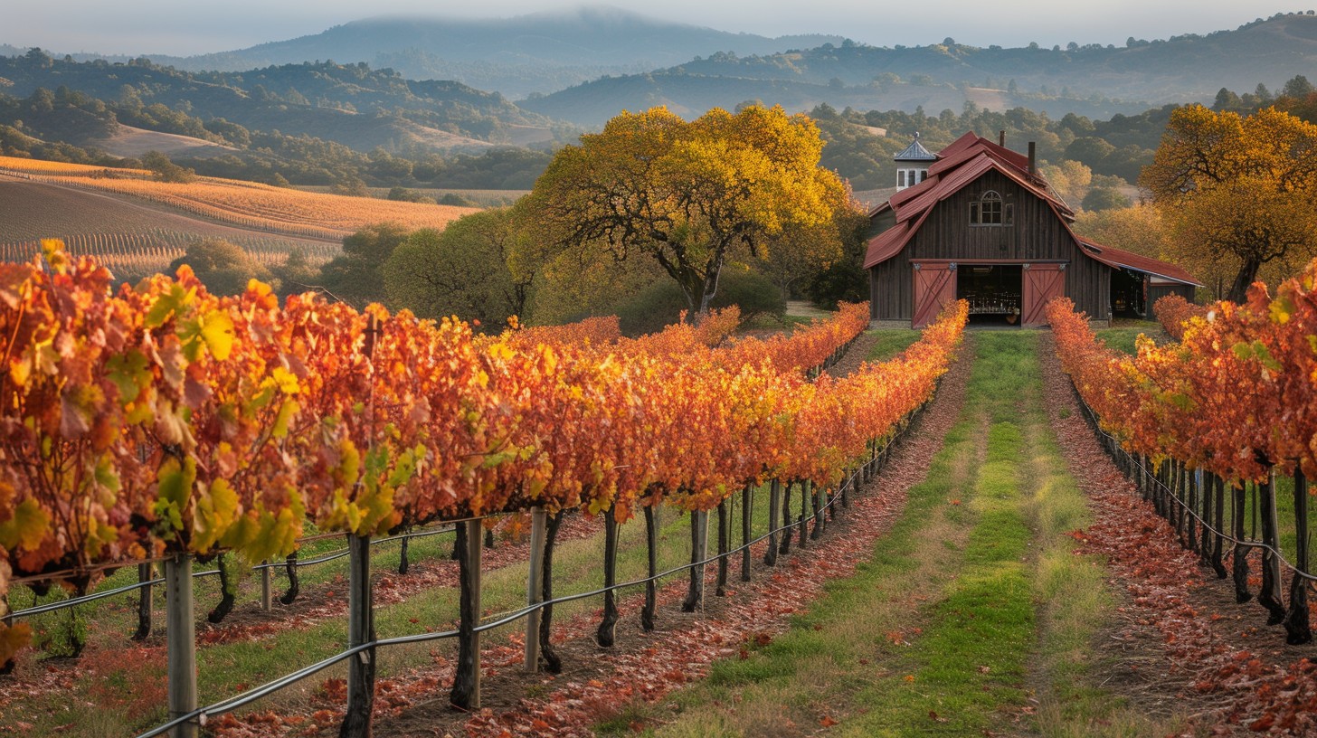 A French Vineyard in Autumn - vines are changing colour to Autumnal hues. Read the Autumn Wine Guide at Urban Grapes